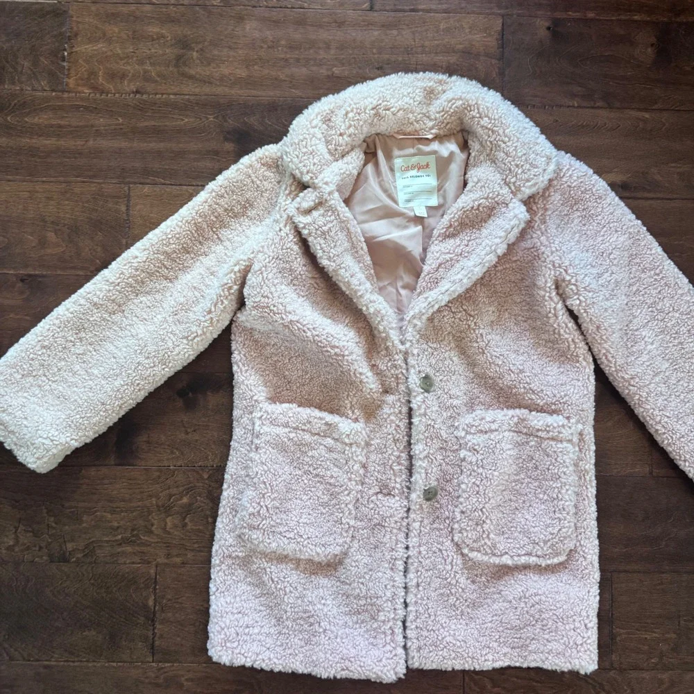 Cat & Jack Girls Blush Pink Faux Fur Sherpa Teddy Coat Jacket Size L Large